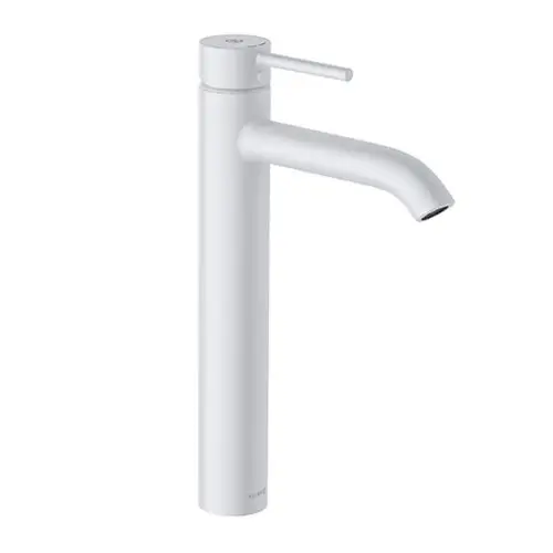 Helle, matte Waschschüsselarmatur von Kludi mit senkrechter Ausführung, seitlichem Griff und auslaufendem Wasserhahn.